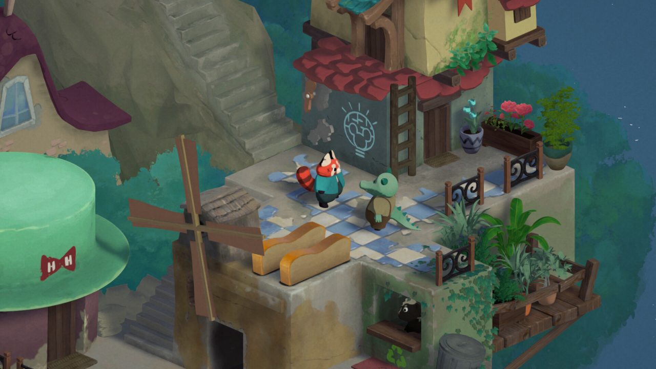 Aka screenshot of main character Aka, a red panda, standing in a village square, near stairs, a wall with a light bulb drawn on it, and an alligator townsperson.