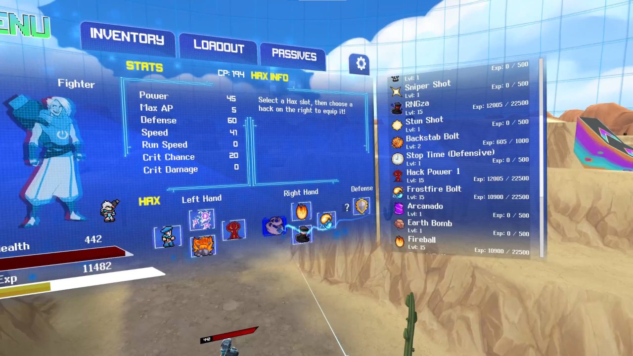 Arcaxer's inventory screen. A blue menu displays character stats and abilities.