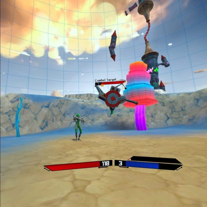 Fighting a flying target dummy in Arcaxer.