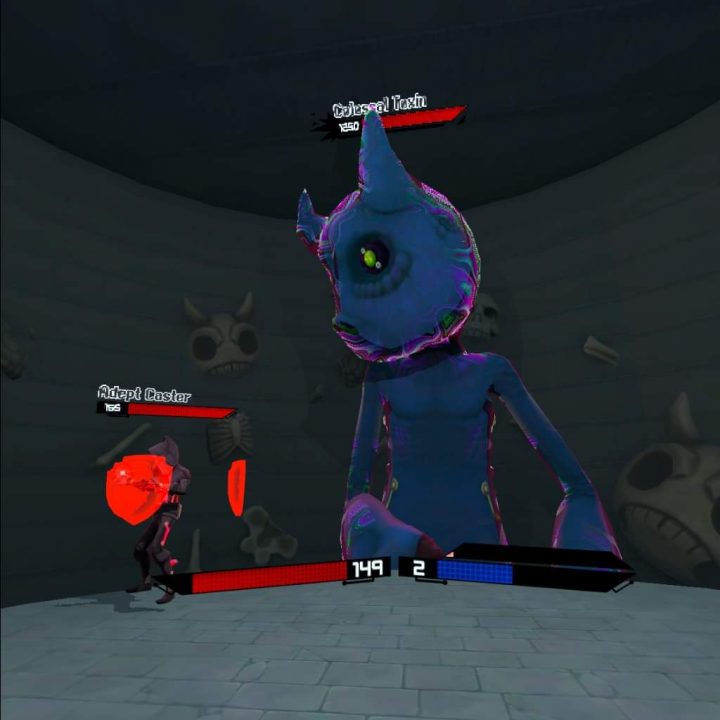 A boss fight against a big blue imp in Arcaxer.