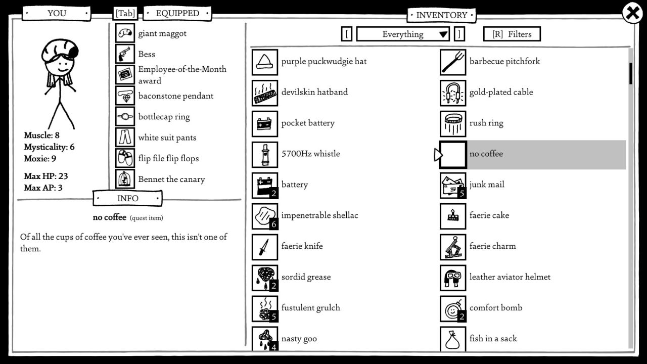 An inventory screen in Shadows Over Loathing displaying the player's basic stats and recent items.