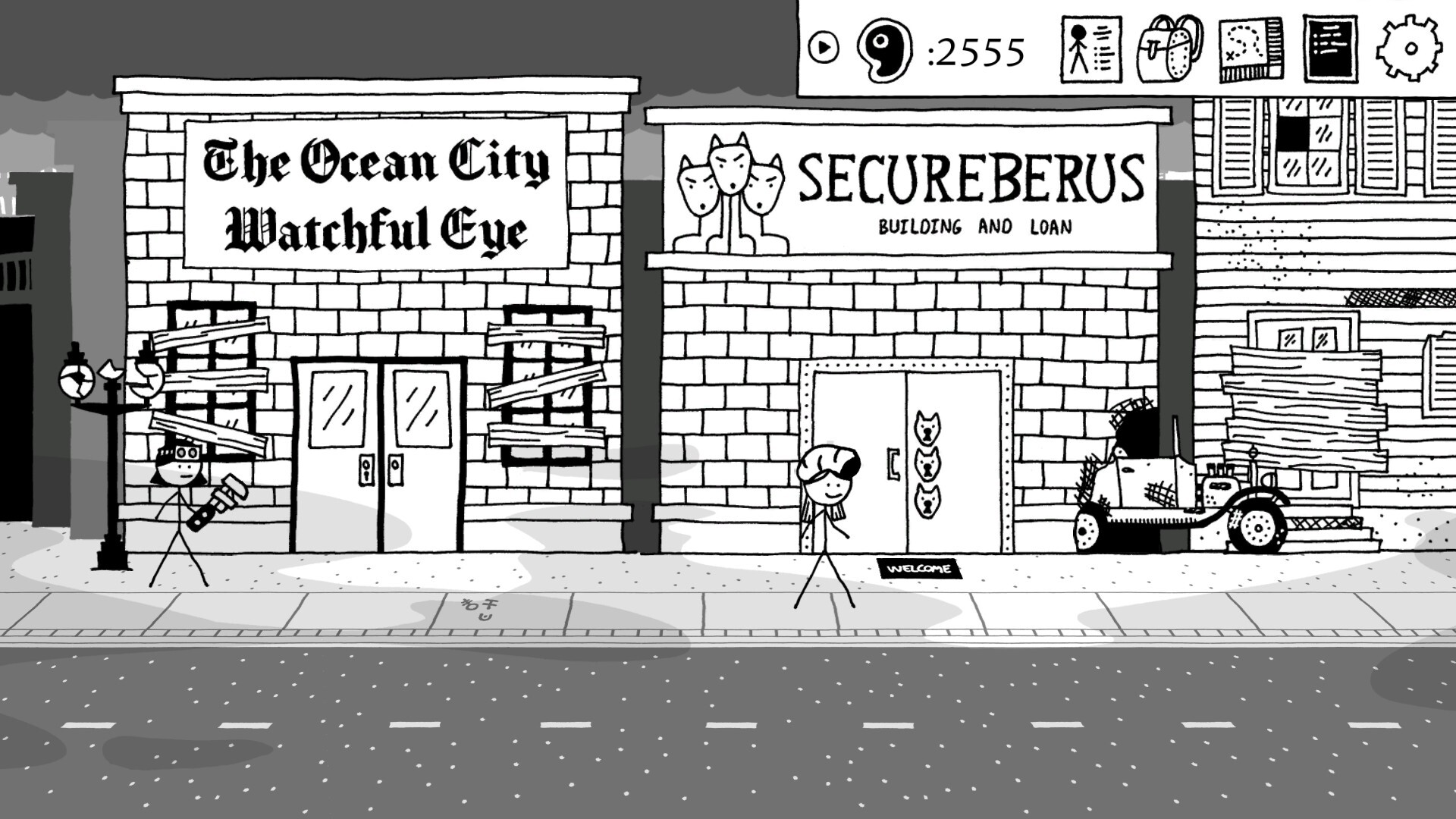 Shadows Over Loathing screenshot of the protagonist standing in front of Secureberus Building and Loan on a rough-looking street. Also the protagonist is wearing a giant maggot as a hat.