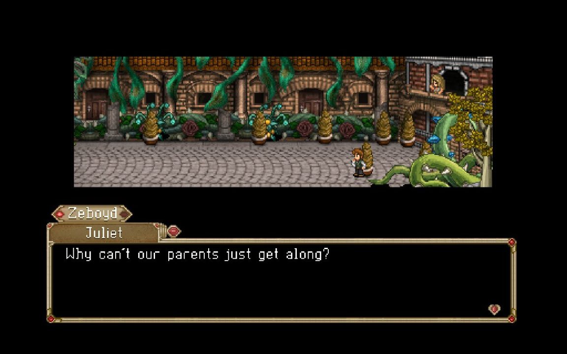 Screenshot of the Ye Olde to Modern English Translator from This Way Madness Lies, where Romeo and Juliet ask why their parents can't just get along.