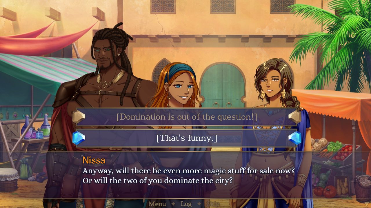 Shar must make a dialogue choice while talking with Zhan and Nissa in Demonheart: The Ice Demon.