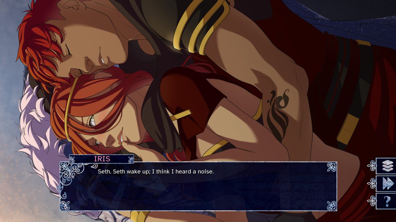 Iris and Seth embrace in Garden of Seif: Curse of Gravehollow Peaks. Seth is asleep and Iris is awake.
