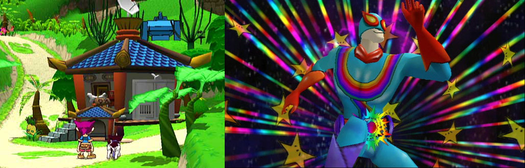 GiFTPiA screenshot of a kid at a colorful temple & Captain Rainbow Screenshot of the Captain posing amidst shooting stars and rainbows