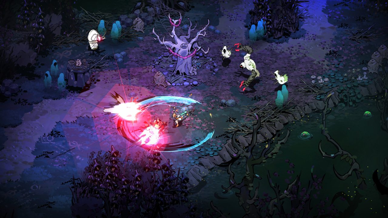 A screenshot of combat in a dark, purple hued area in Hades II