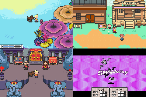 Mother 3 screenshots of Lucas with his dog at the beach, near the bazaar, an imposing building, and battling some bats