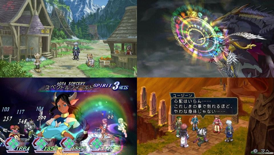 Tales of Rebirth screenshots of characters exploring a town, a field, and two flashy battle animations