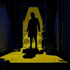 The Wolf Among Us 2 screenshot of Bigby silhouetted in a dark doorway backlit by moonlight