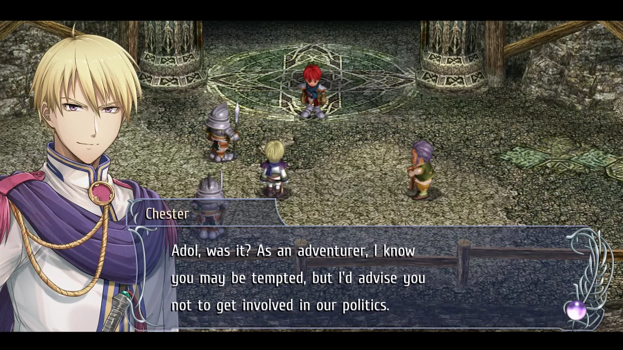 Chester warns Adol to stay out of the local politics in Ys Memoire: The Oath in Felghana.