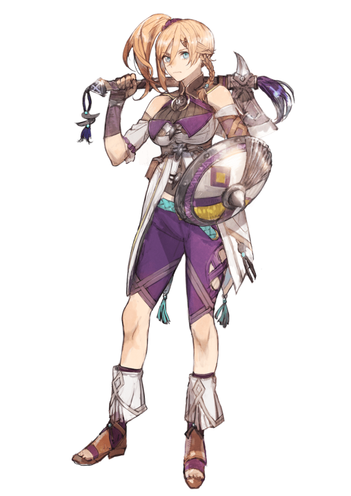 Ys X: Nordics co-star Carja Varta stands fearlessly in purple garb wielding her hatchet and shield