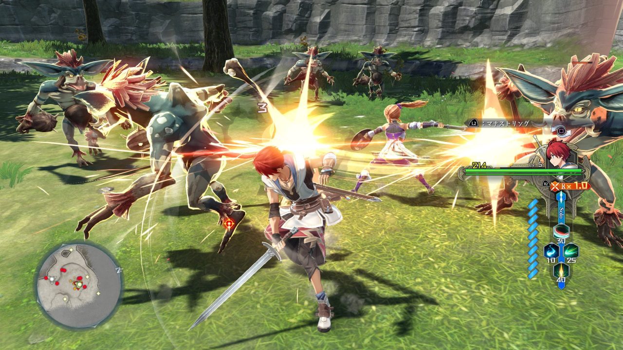 Protagonist of Ys, Adol Christin, does battle with a sword in a green field in Ys X: Nordics