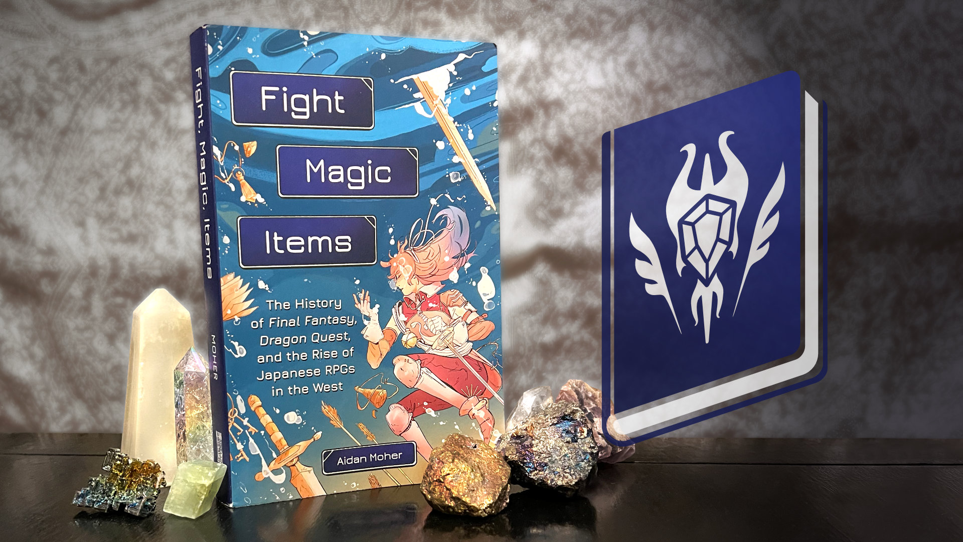 Fight Magic Items by Aidan Moher on a table surrounded by crystals and minerals