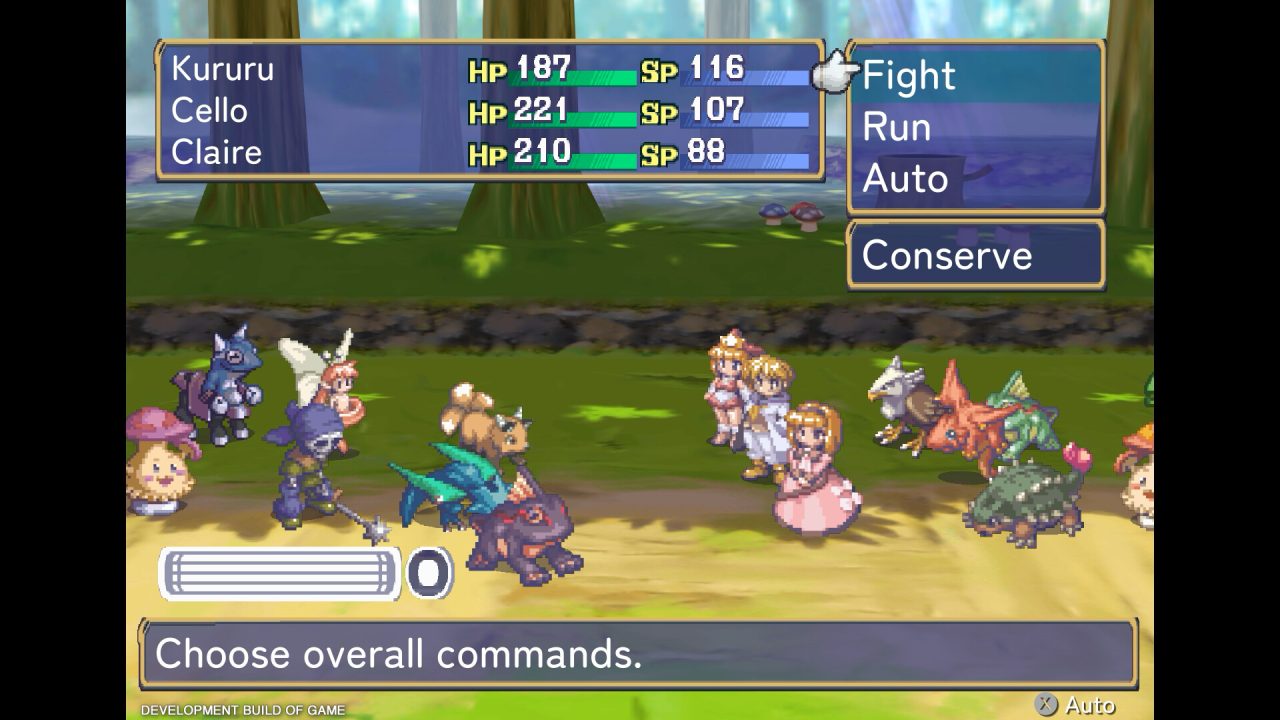 A battle scene from Rhapsody III. Kururu, Cello, and Claire face off against a large team of diverse monsters backed by a group of their own.