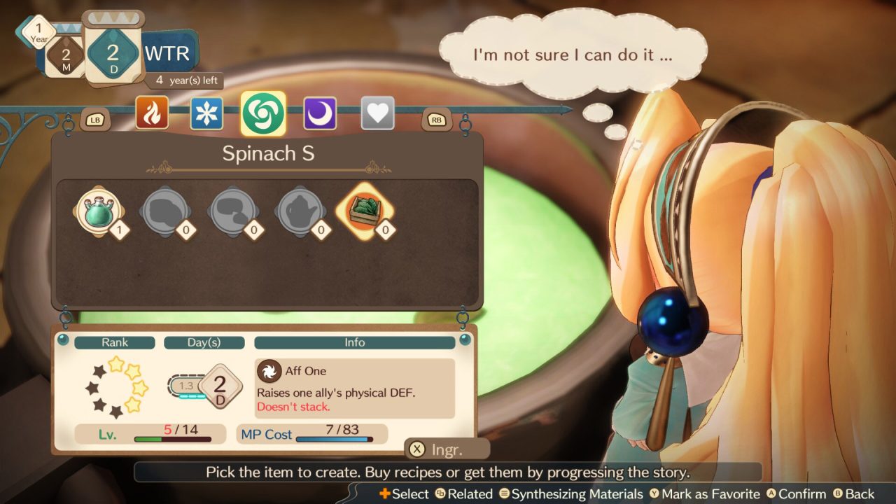Atelier Marie Remake protagonist Marie crafting items in her cauldron, expressing uncertainty with Spinach S selected.