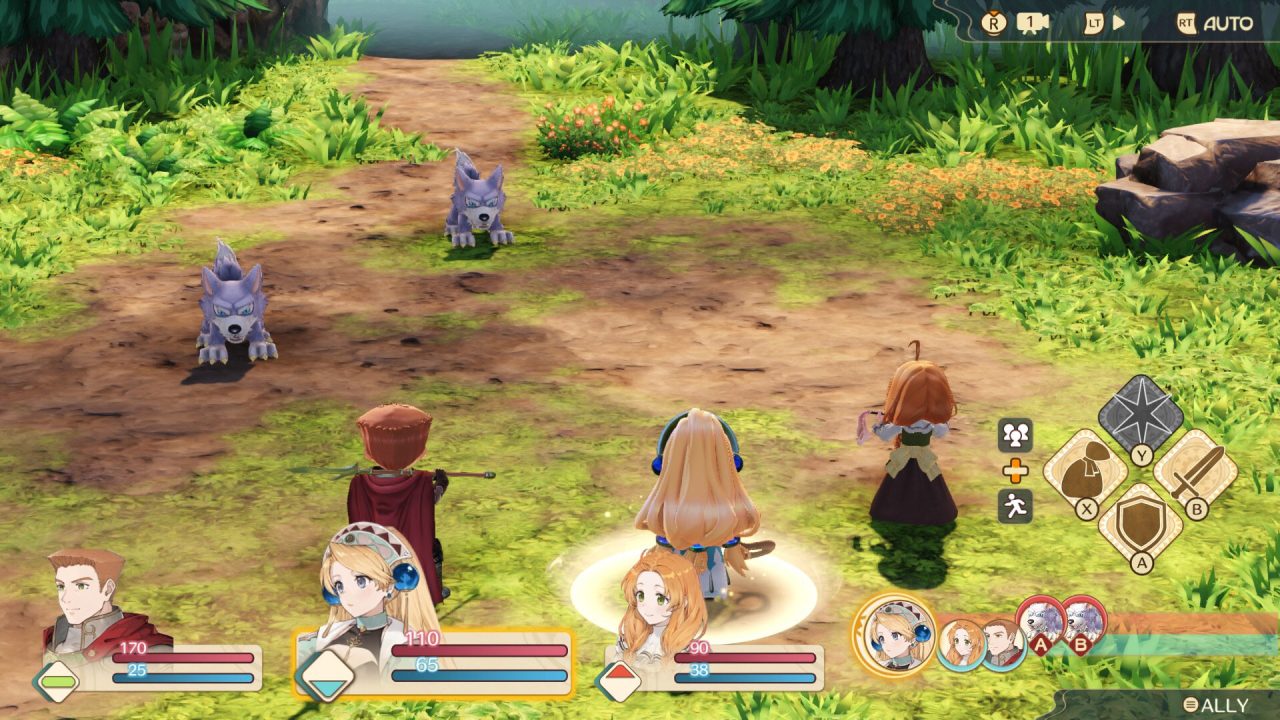 Atelier Marie Remake protagonist Marie fending off some wolves with allies at her side.