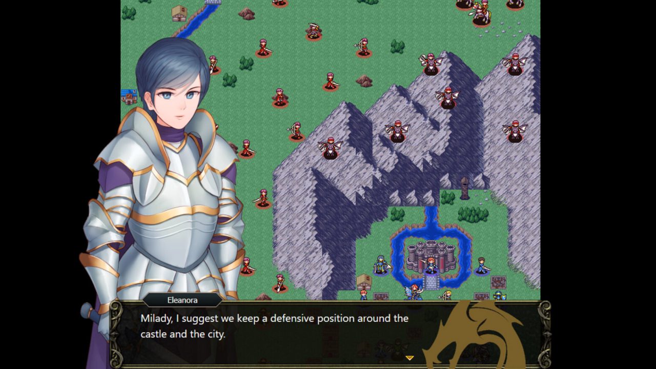 Eleanora lays out a potential strategy for one of the battles in Esperia ~Uprising of the Scarlet Witch~.