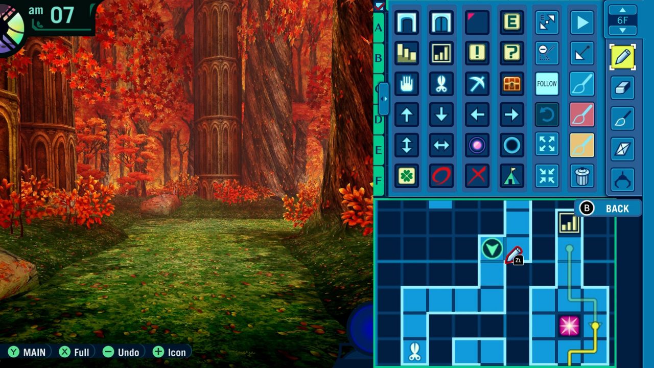 Etrian Odyssey II HD screenshot of the exploration interface, with an autumn-themed corridor of columns and trees on the left, and a grid-based map on the right.