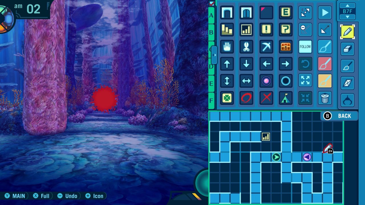 A gameplay configuration in Etrian Odyssey III with the illustrations on the left and map on the right.
