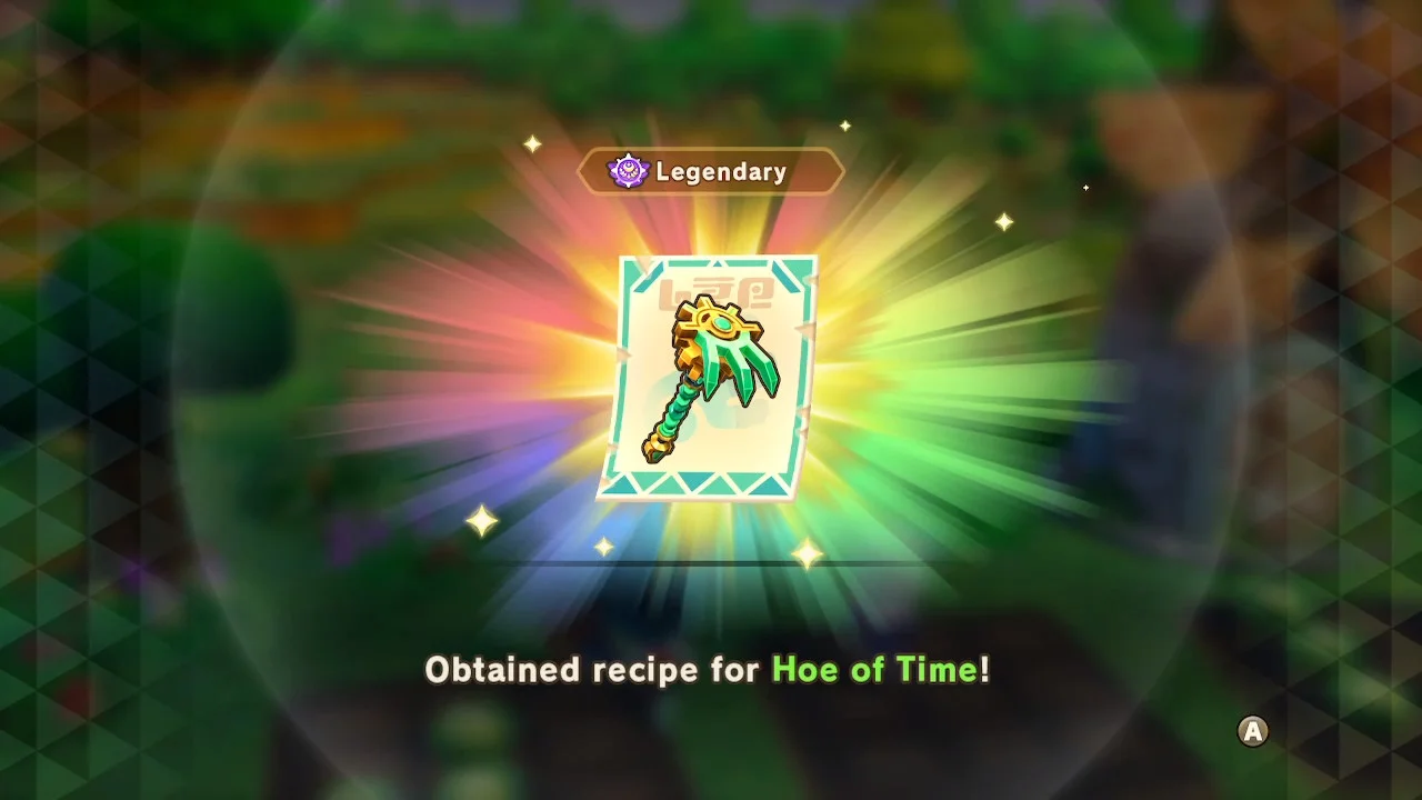 A Fantasy Life i screenshot with the text "Obtained recipe for Hoe of Time!"