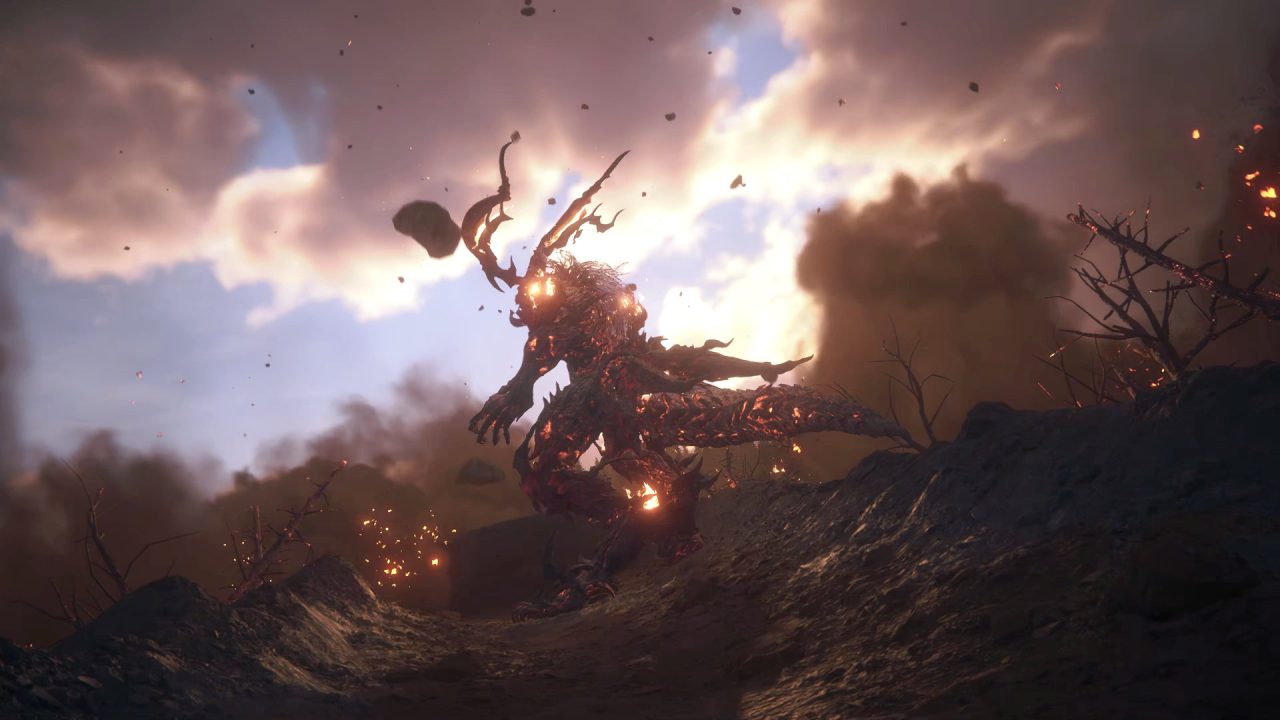 Final Fantasy XVI Screenshot of Ifrit surveying a destroyed section of forest