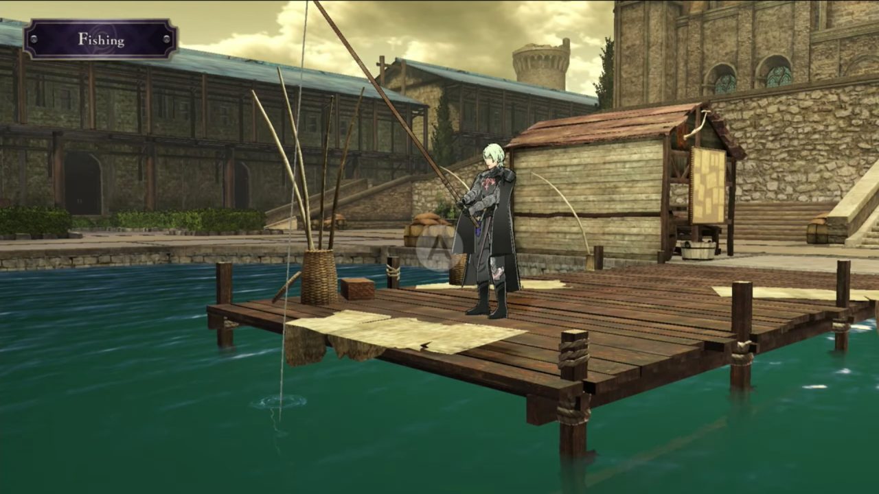 Fire Emblem: Three Houses Screenshot of a white-haired man in a city of stone buildings fishing off a short pier