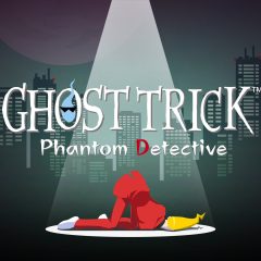 Ghost Trick: Phantom Detective artwork of a man in a bright red suit awkwardly hunched over in a spotlight, dead, against a city backdrop