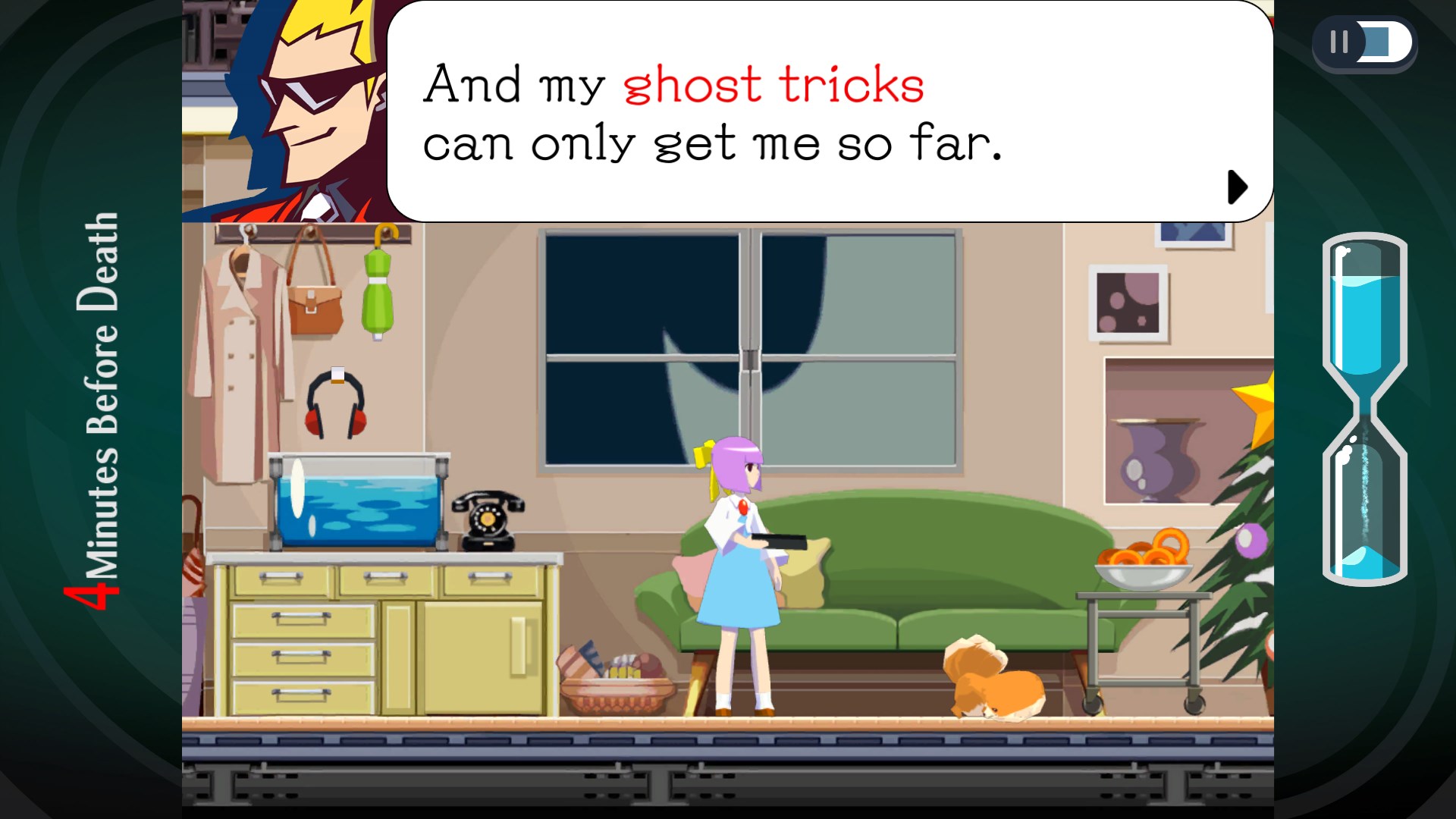 Ghost Trick: Phantom Detective screenshot of protagonist Sissel commenting that his ghost tricks can only get him so far