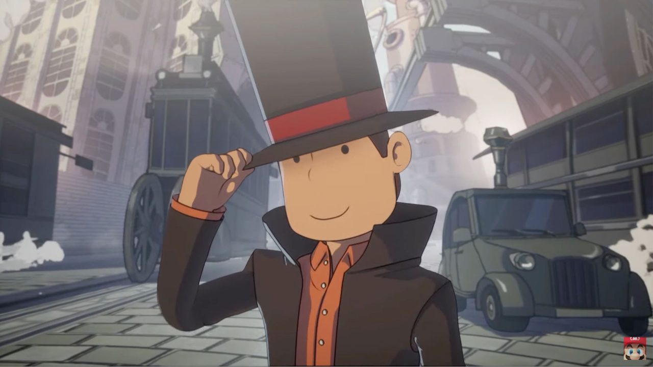 A still of artwork featuring Professor Herschel Layton tipping his elongated top hat; the protagonist of Professor Layton and The New World of Steam.