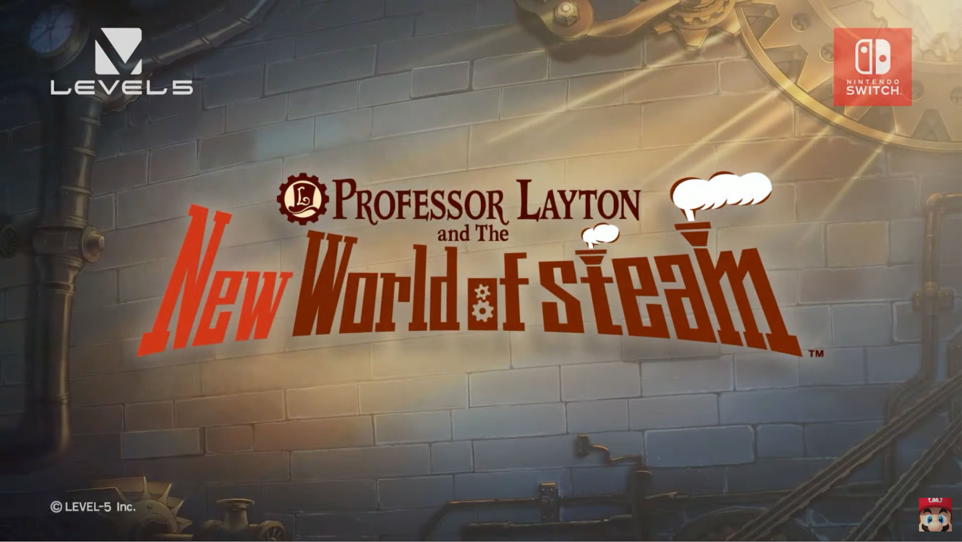 A still showcasing the logo of Professor Layton and The New World of Steam, set atop a brick wall with golden light highlighting its seams.
