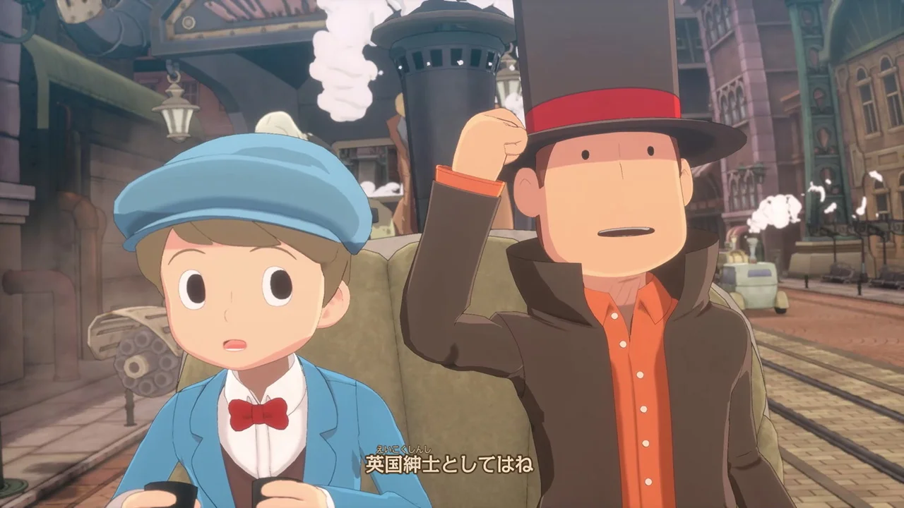 The titular professor and Luke riding a vehicle in Professor Layton and The New World of Steam.