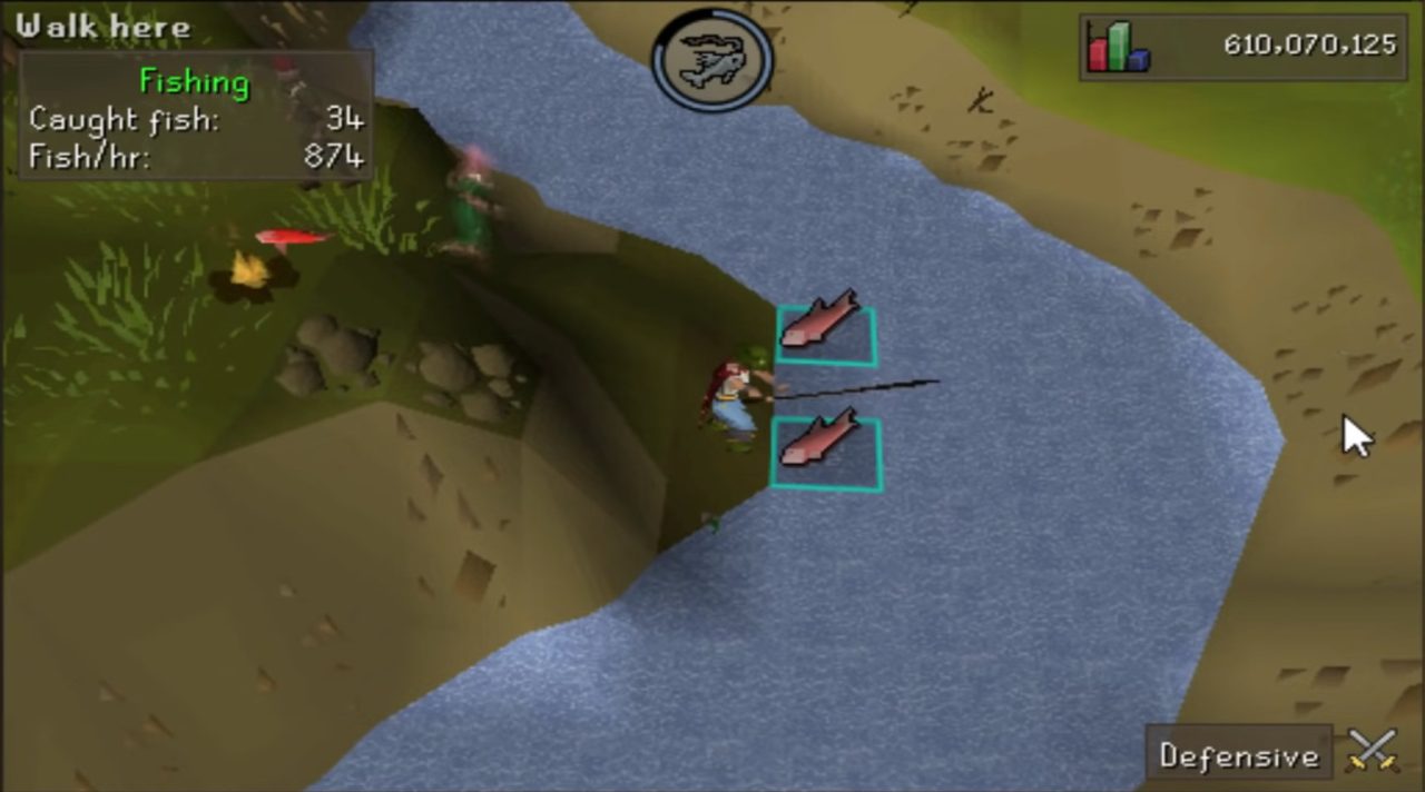 RuneScape screenshot of a character catching fish in a river at a rate of 874 per hour