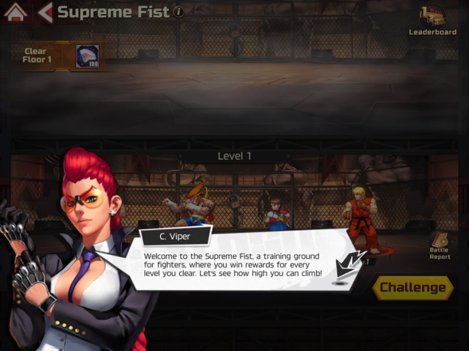 Crimson Viper explains the rules of the Supreme Fist challenge in Street Fighter: Duel.