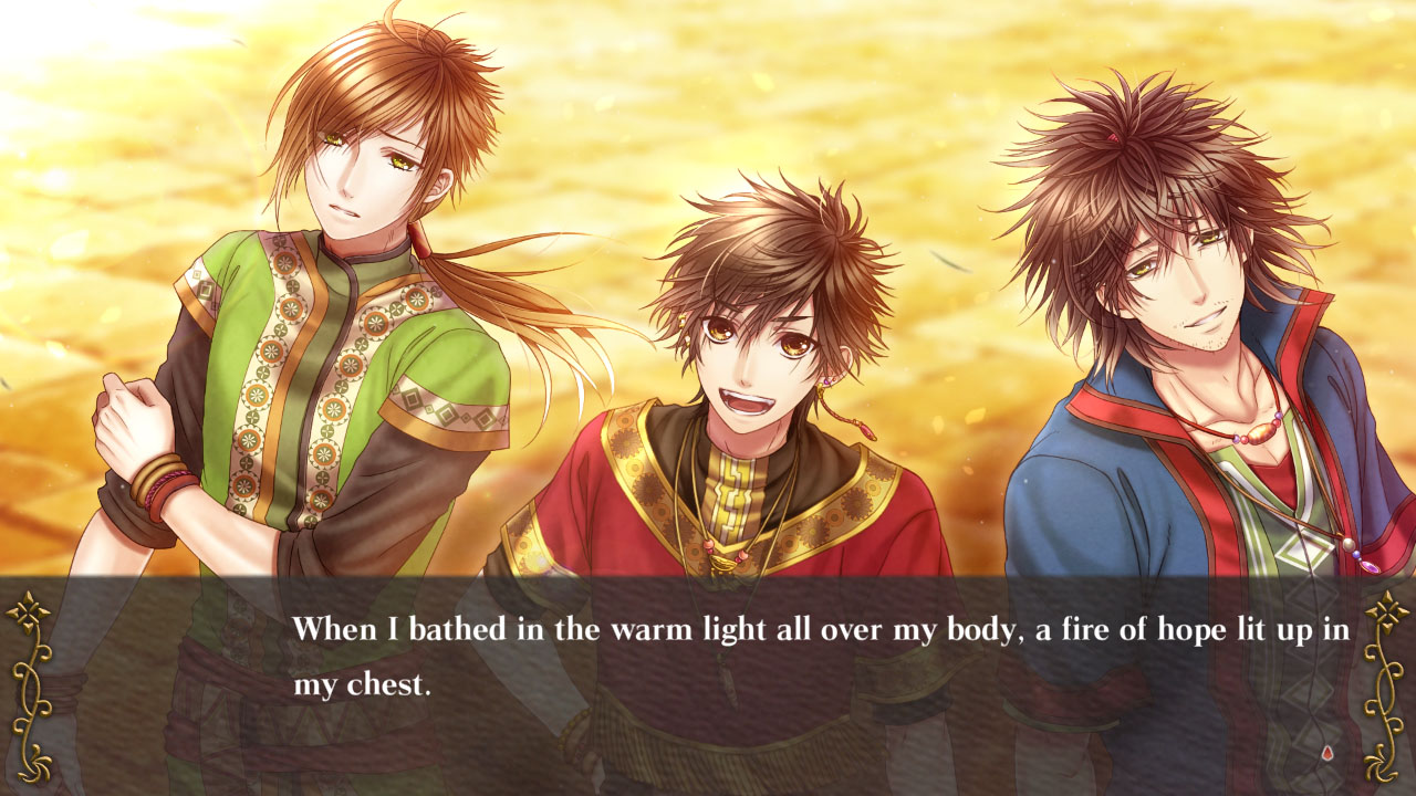 Ruiz, Nalan, and Cef are hopefully not staring directly into the sun in a CG screenshot from The Crimson Flower that Divides: Lunar Coupling.