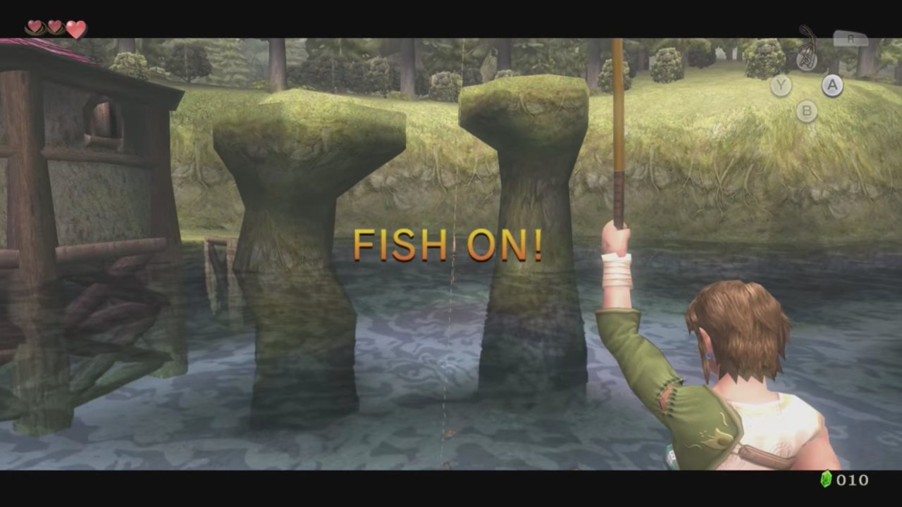 The Legend of Zelda: Twilight Princess HD Screenshot of Link hooking a fish with the message FISH ON!