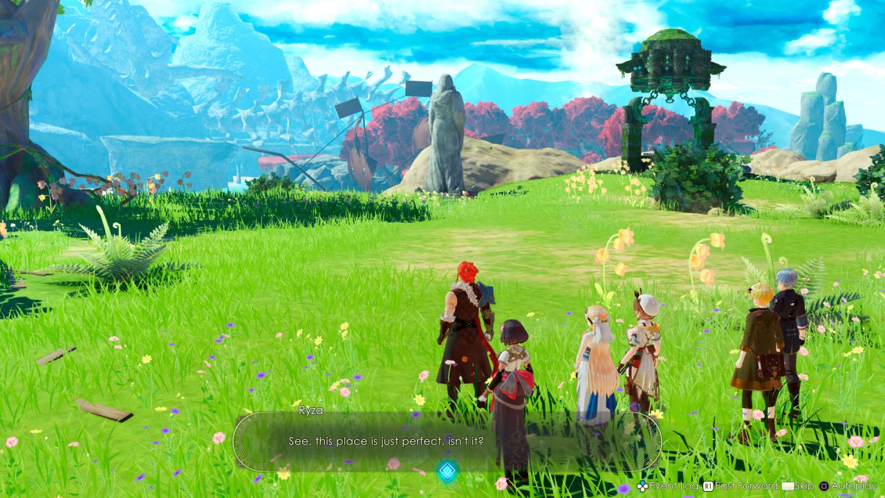 Atelier Ryza 3's cast staring out at the horizon in a lovely green field.