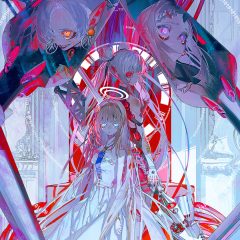 A screenshot depicting the cover artwork of Crymachina. It depicts character Elnoa surrounded by white chrome, backlit by harsh crimson light. A figure of machinery and dark steel looms over and behind her.