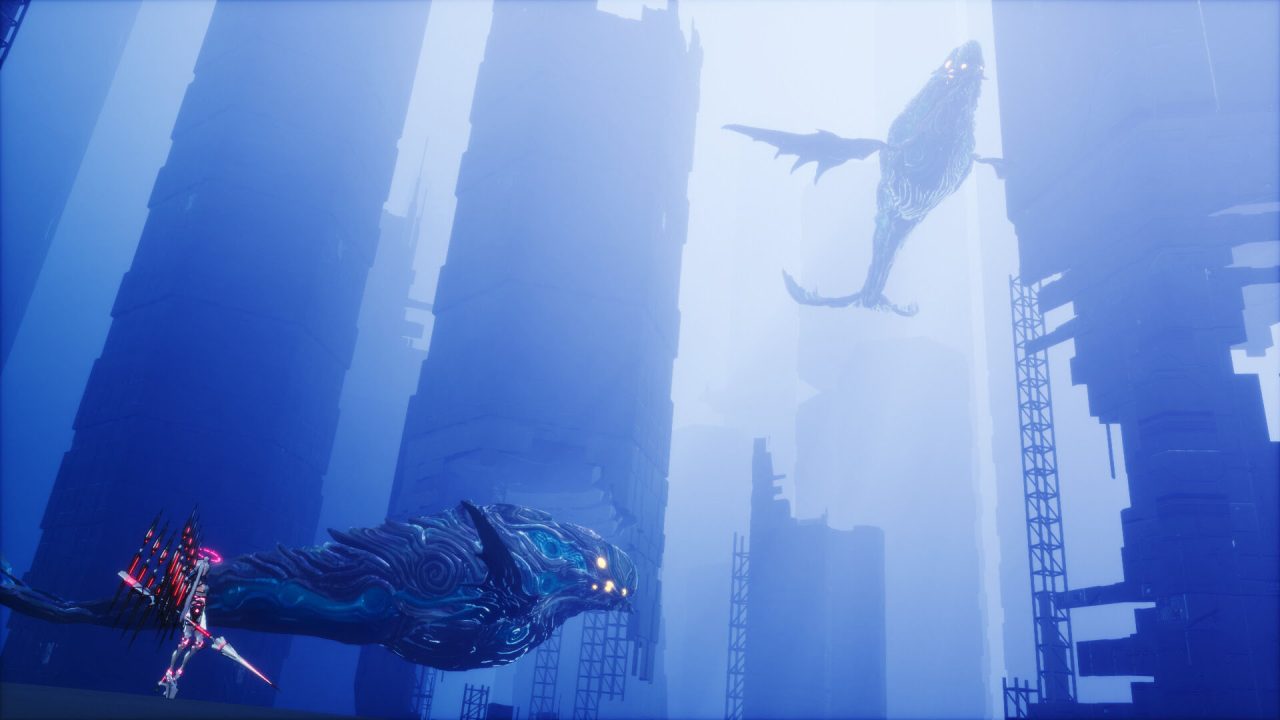 Leben watches as whales fly around an ethereal ruined city bathed in blue light.