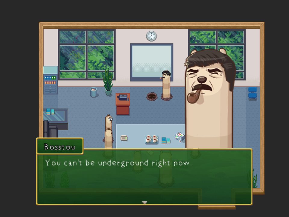 Boss man telling it like it is in a Mr. Saitou screenshot where he's explaining you can't be underground right now.