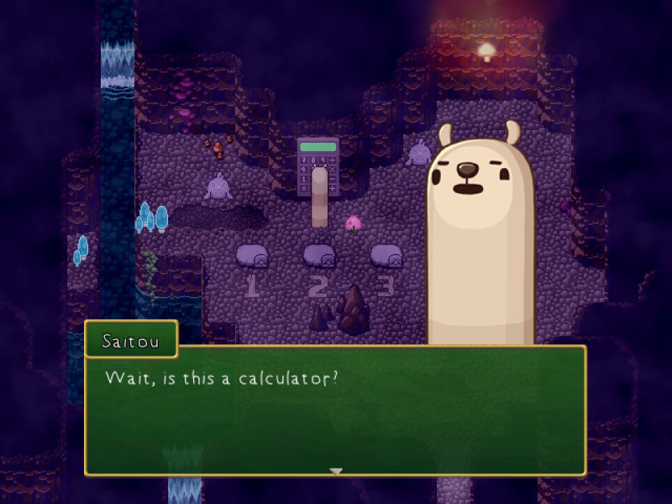 Mr. Saitou screenshot featuring a llamaworm noticing a calculator in a wall, surrounded by crystals and waterfalls in a cave.