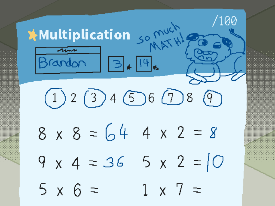 A boy's multiplication homework in Mr. Saitou, almost completed. SO MUCH MATH.