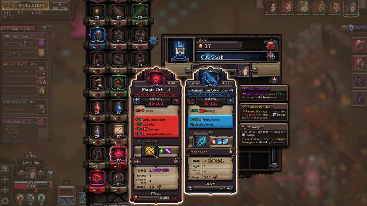 Comparing equipment of varying rarity, a bow vs. a magic orb in this case, in The Last Spell