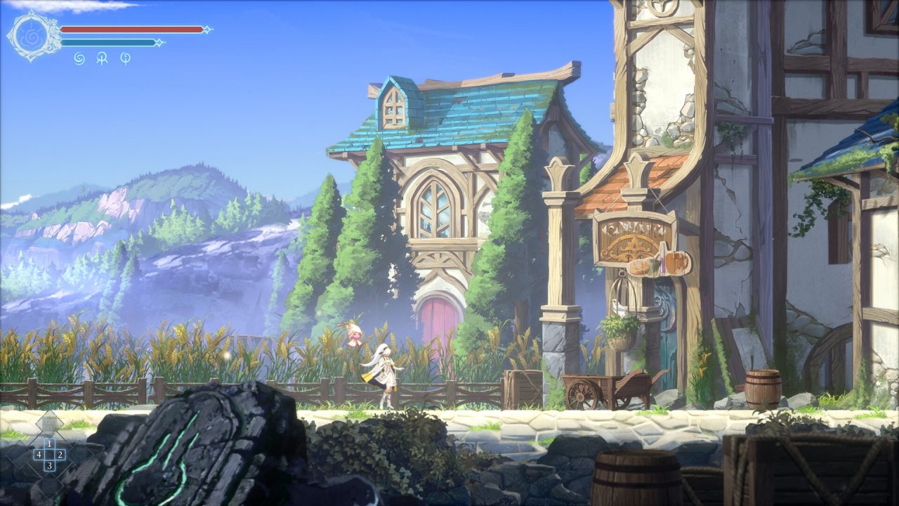 Screenshot of Afterimage, one of several RPGs coming this week, with the protagonist approaching the gate of an idyllic forest town.