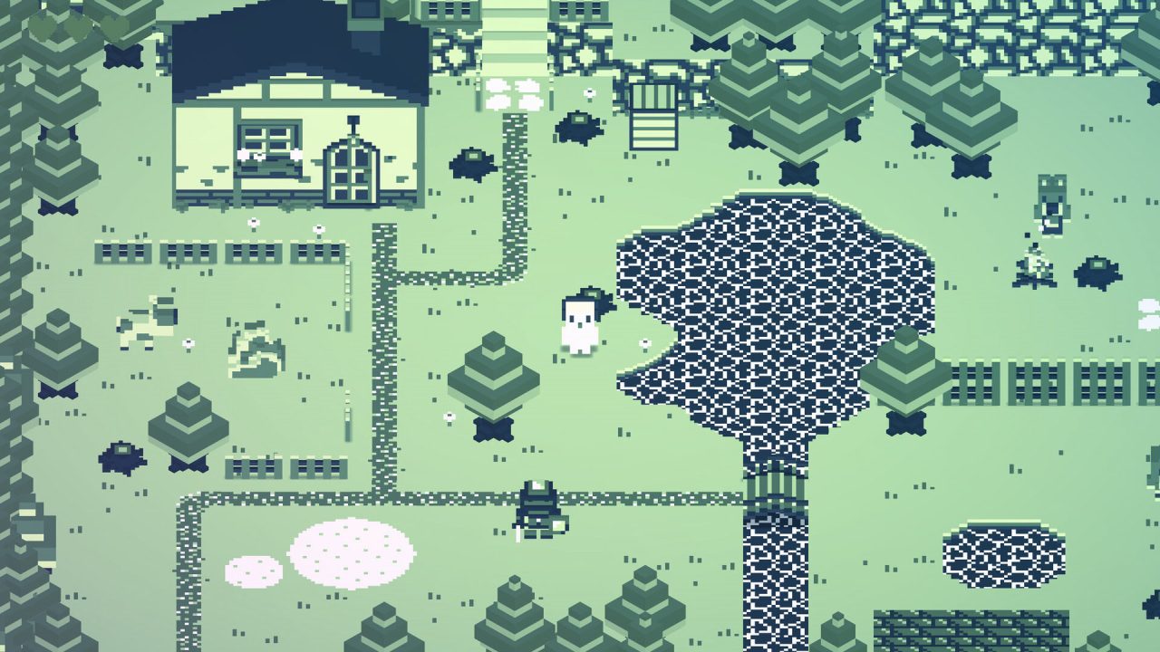 Cassette Boy Screenshot of a square-ish white figure in a low-res monotone green village with a house, pathways, and trees.