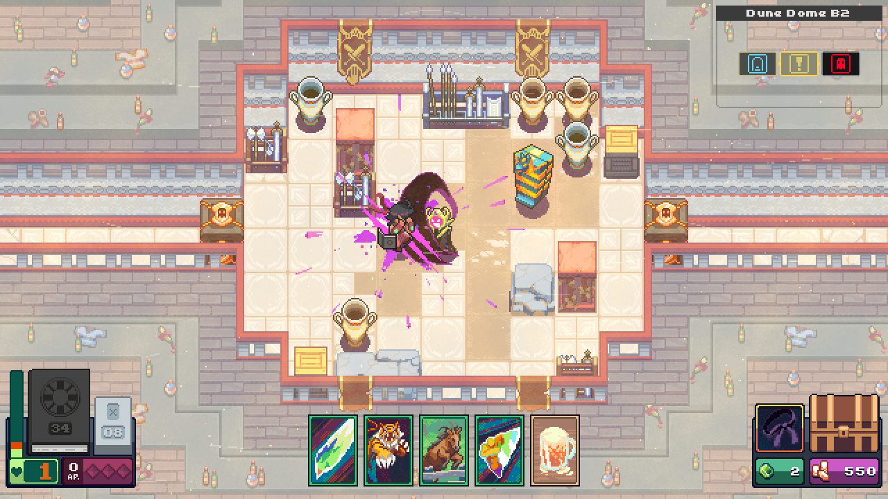 Player getting slashed in a crypt-themed room in Dungeon Drafters.