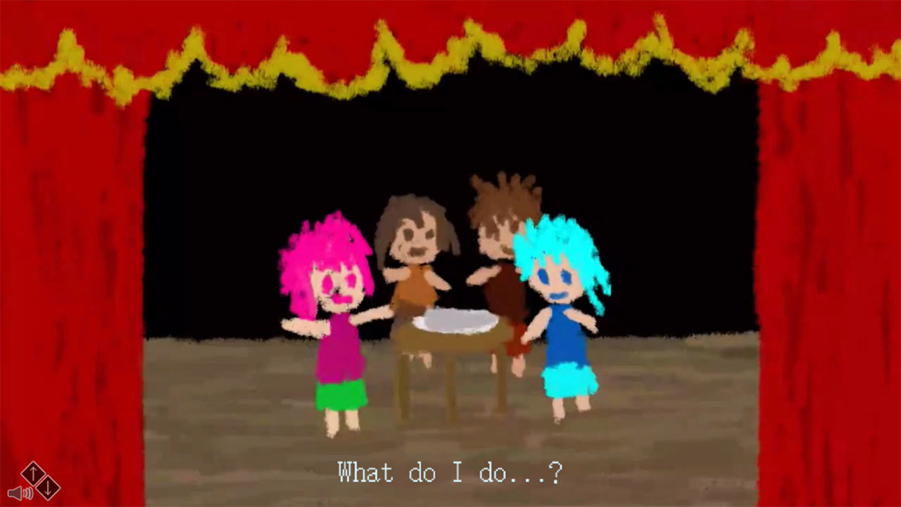 Characters drawn in crayon in a short story in Ib. They gather around a table on a stage bordered on both sides by red curtains.