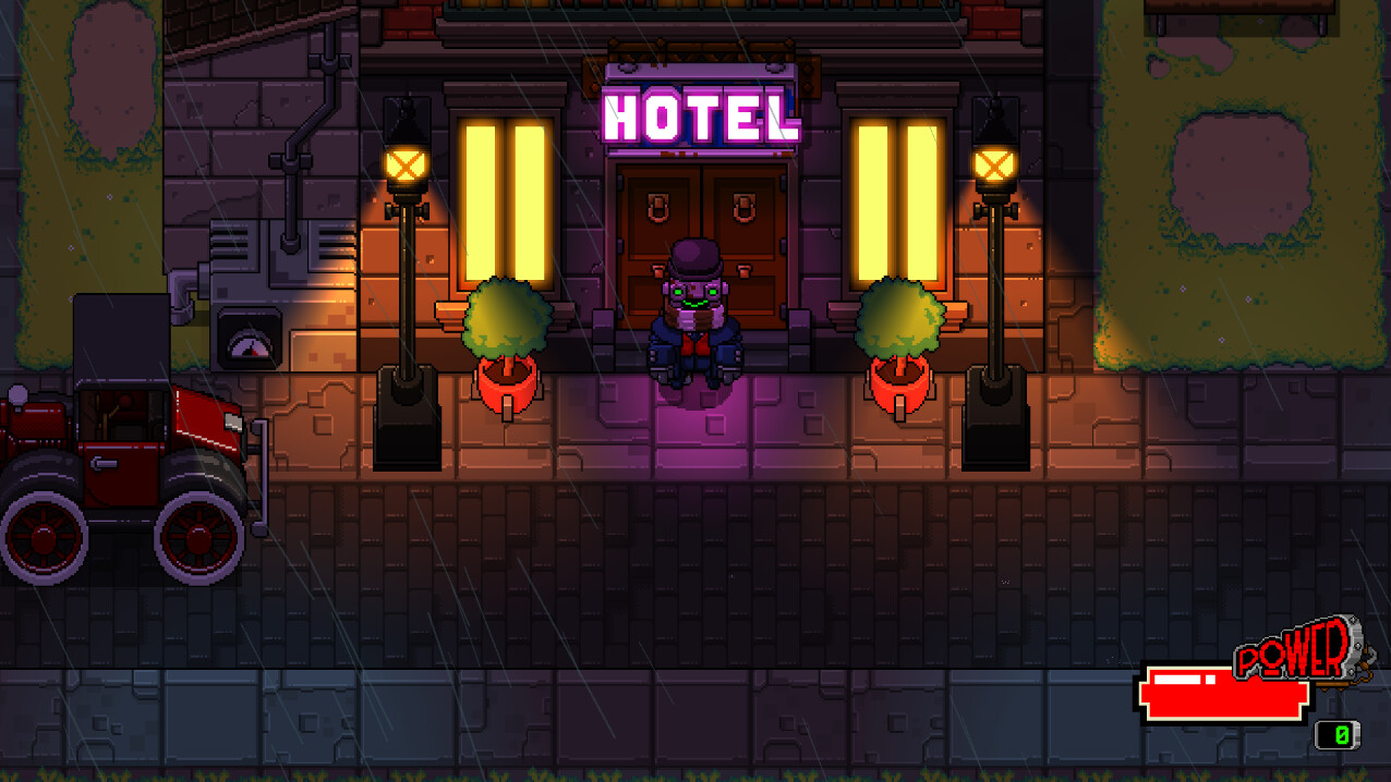 Tales from Centropolis screenshot - Robot character in front of a hotel.