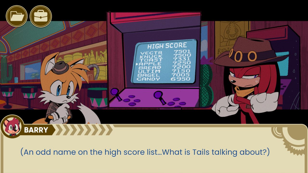 Barry is talking to Tails and Knuckles about an odd name on an arcade's high score list in The Murder of Sonic the Hedgehog.