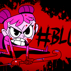 BLUD logo and art of an angry Becky wielding an umbrella